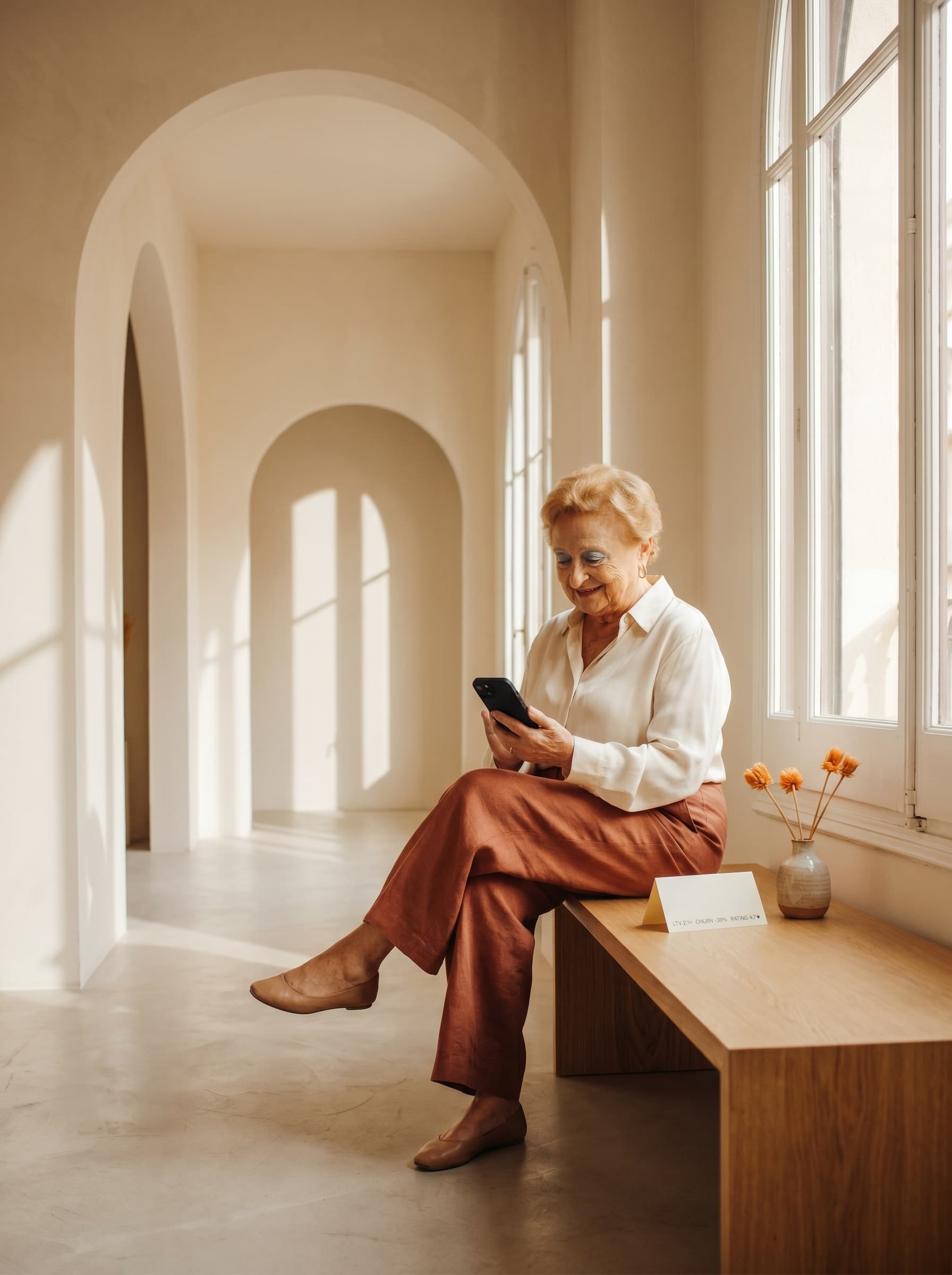 Escena de oficina contemporánea Eixample con la mascota CESEA mostrando rating de app y notificación lifecycle — caso ASO y CRM.